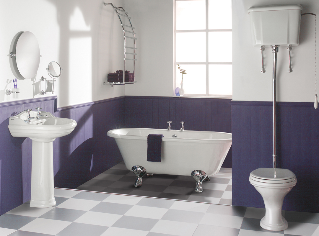 White Purple Bath Room Wall Decoration Use Checkered Floor Under